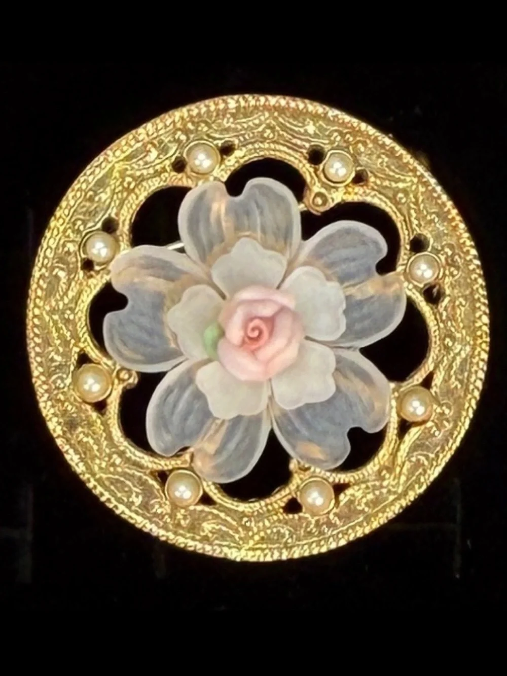 Vintage Floral Gold Tone Filigree Brooch Pink Rose Faux Pearls